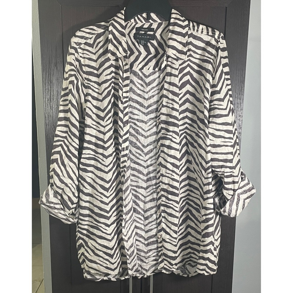 Tahari 100% Linen Zebra Print Button Front Shirt Women's XL Roll Tab Long Sleeve